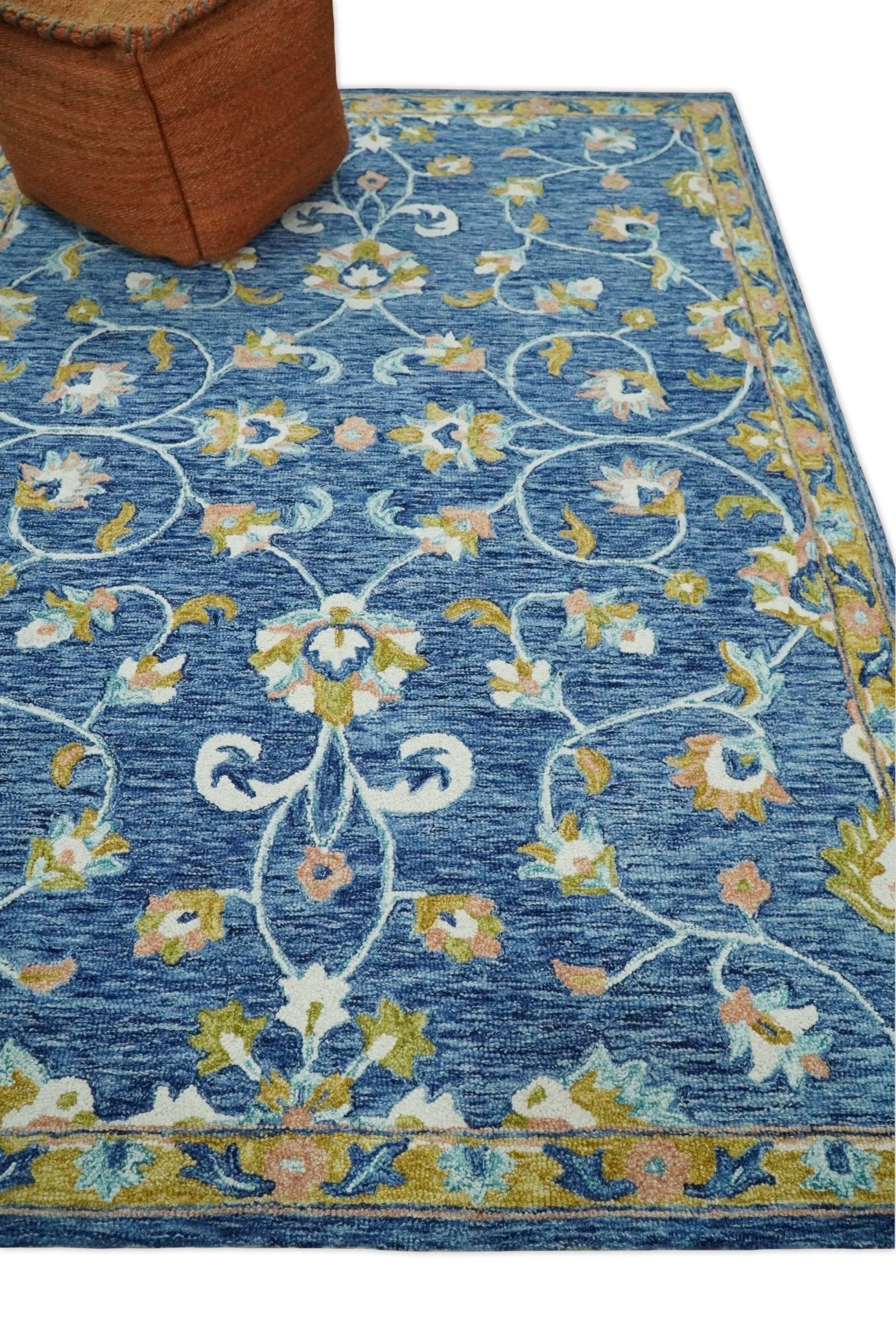 5x8 Hand Tufted Blue and Beige Floral Pattern Multi Size Wool Area Rug