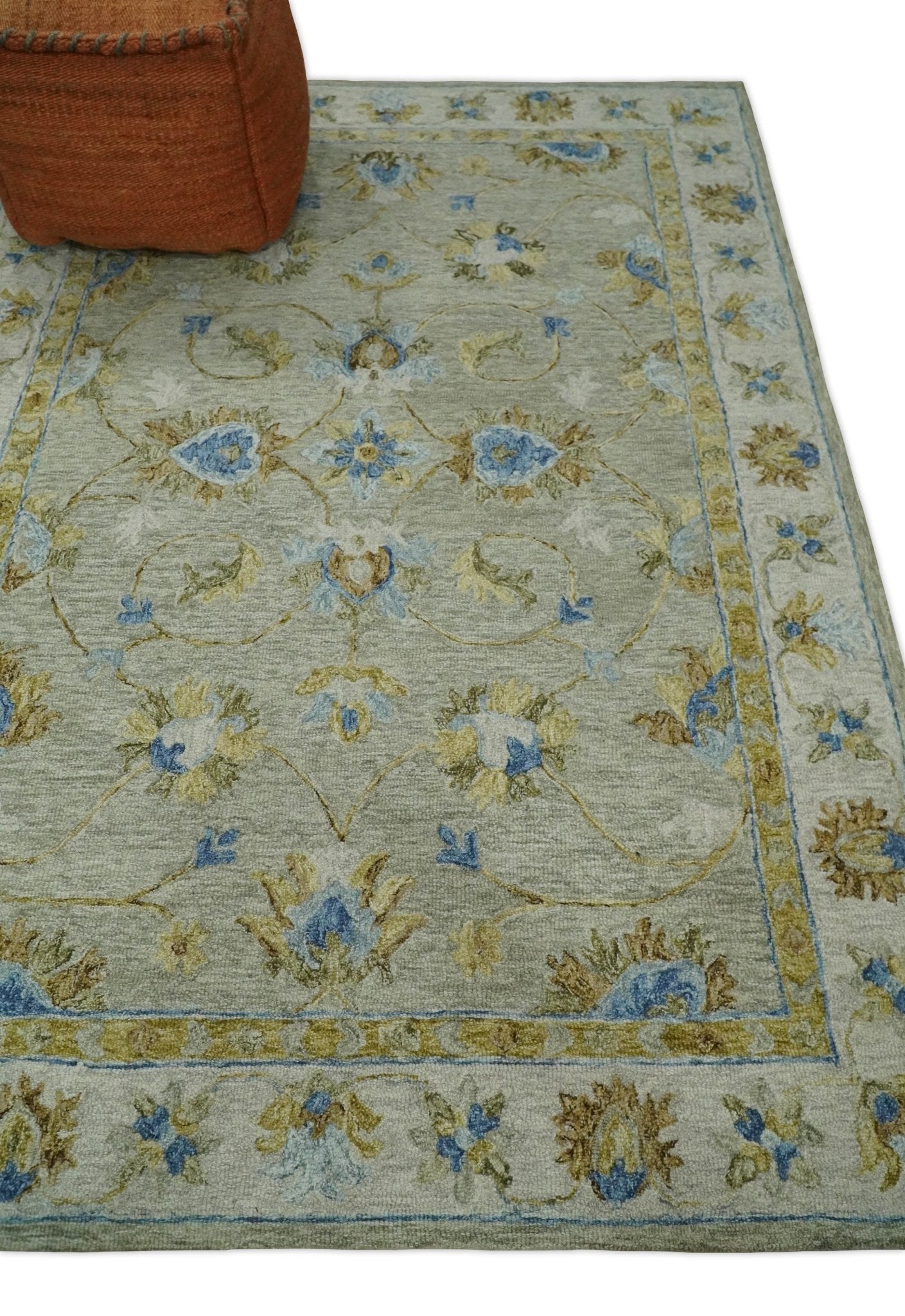 5x8 Hand Tufted Blue and Beige Multi Size Style Floral Wool Area Rug