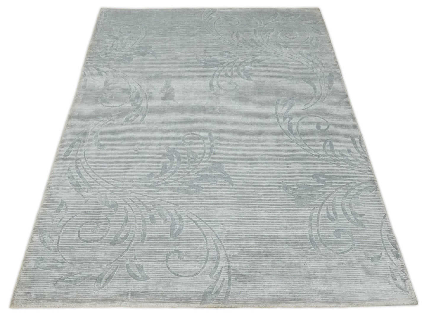 5x8 Hand Woven and hand carved Carved Silver and Gray Floral Art Silk Rug | KNT9