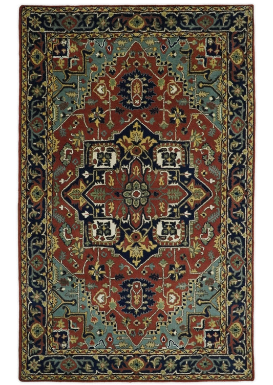 5x8 Handmade Rust and Blue made with fine wool Area Rug |  TRDCP11858