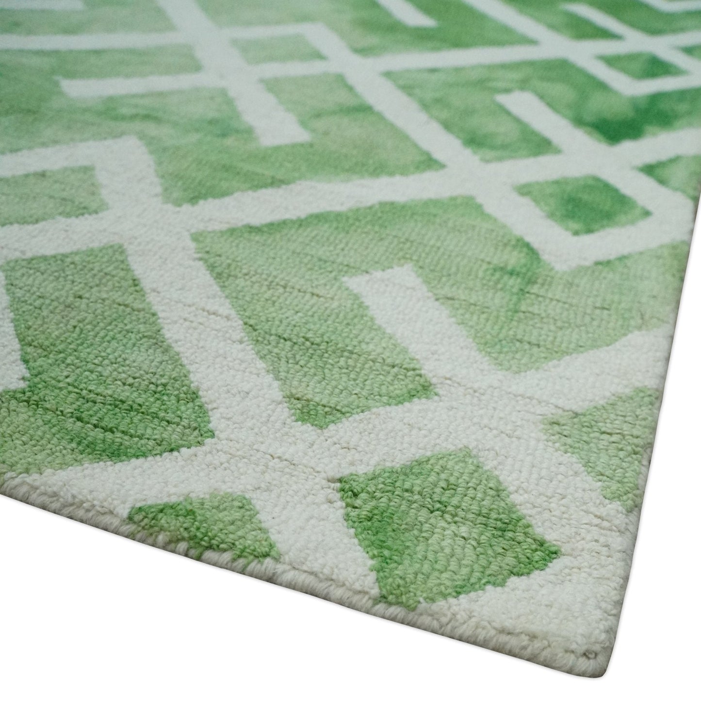 5x8 Ivory and Green Stripes Pattern Hand Tufted Wool Area Rug