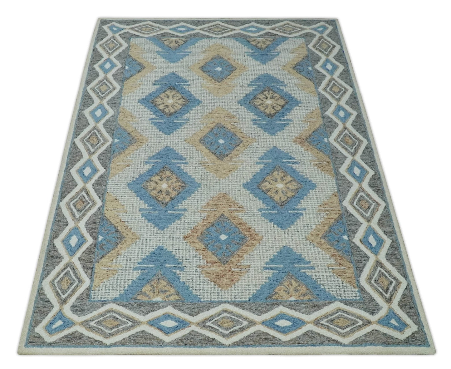 5x8 Ivory, Blue and Beige Traditional Ikat design Hand Tufted Wool Area Rug