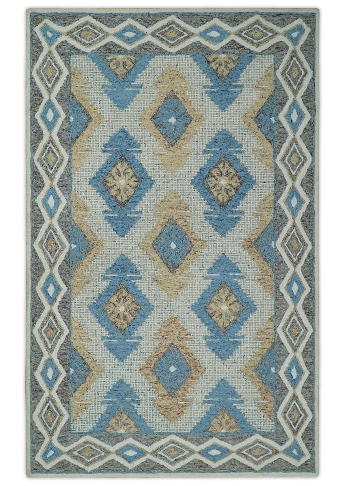 5x8 Ivory, Blue and Beige Traditional Ikat design Hand Tufted Wool Area Rug