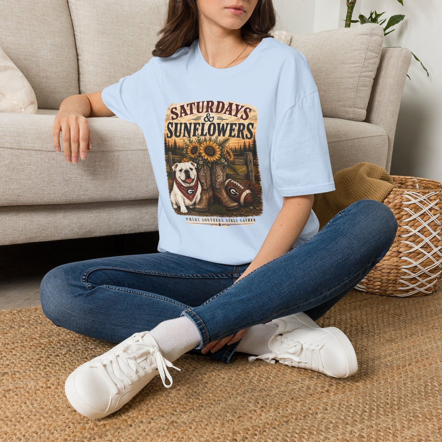 River + Pine - Saturdays & Sunflowers Womens T-Shirt (front graphic only)