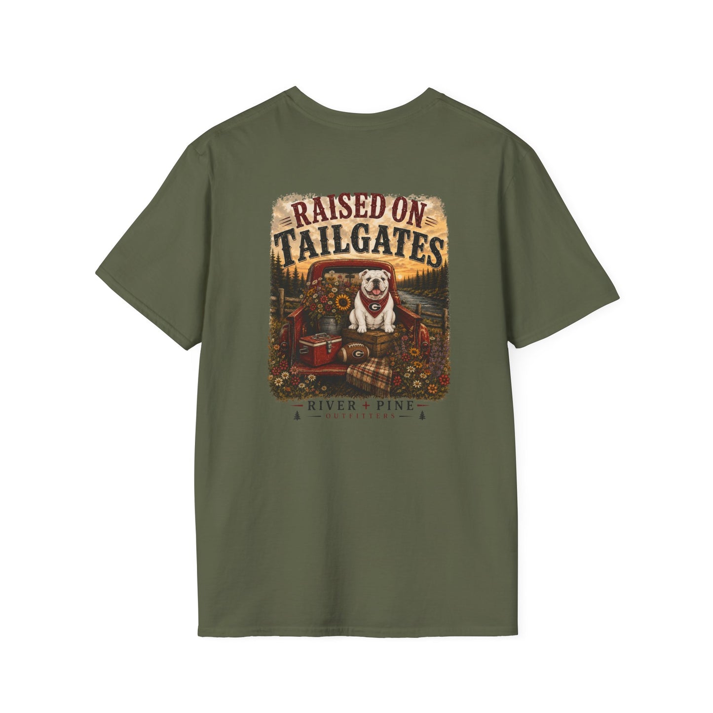 River + Pine -UGA Raised on Tailgates Womens Tee - Gildan Softstyle