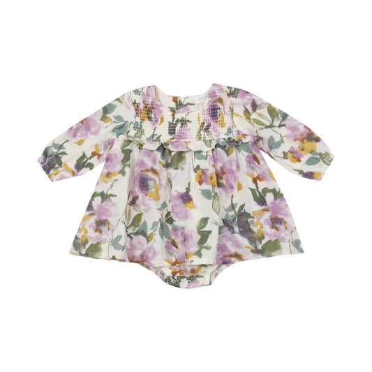 L/S Smocked Ruffle Bubble W/ Skirt - Watercolor Rose