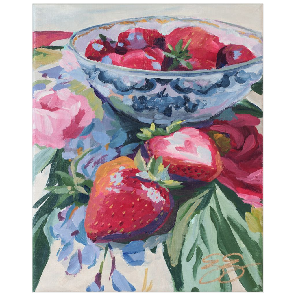 Strawberries on floral fabric, a fine art print on paper