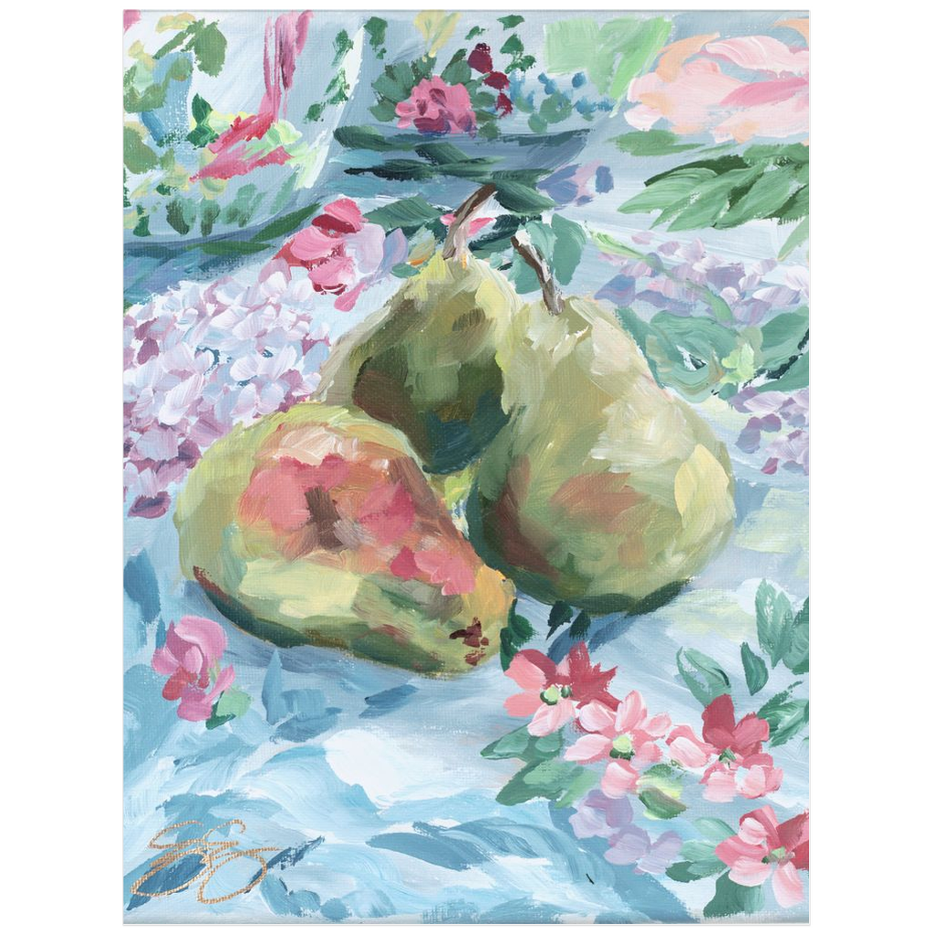 Pears on floral fabric, a fine art print on paper