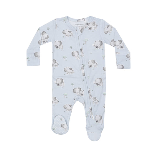 2 Way Zipper Footie - Gray Elephants - Blue