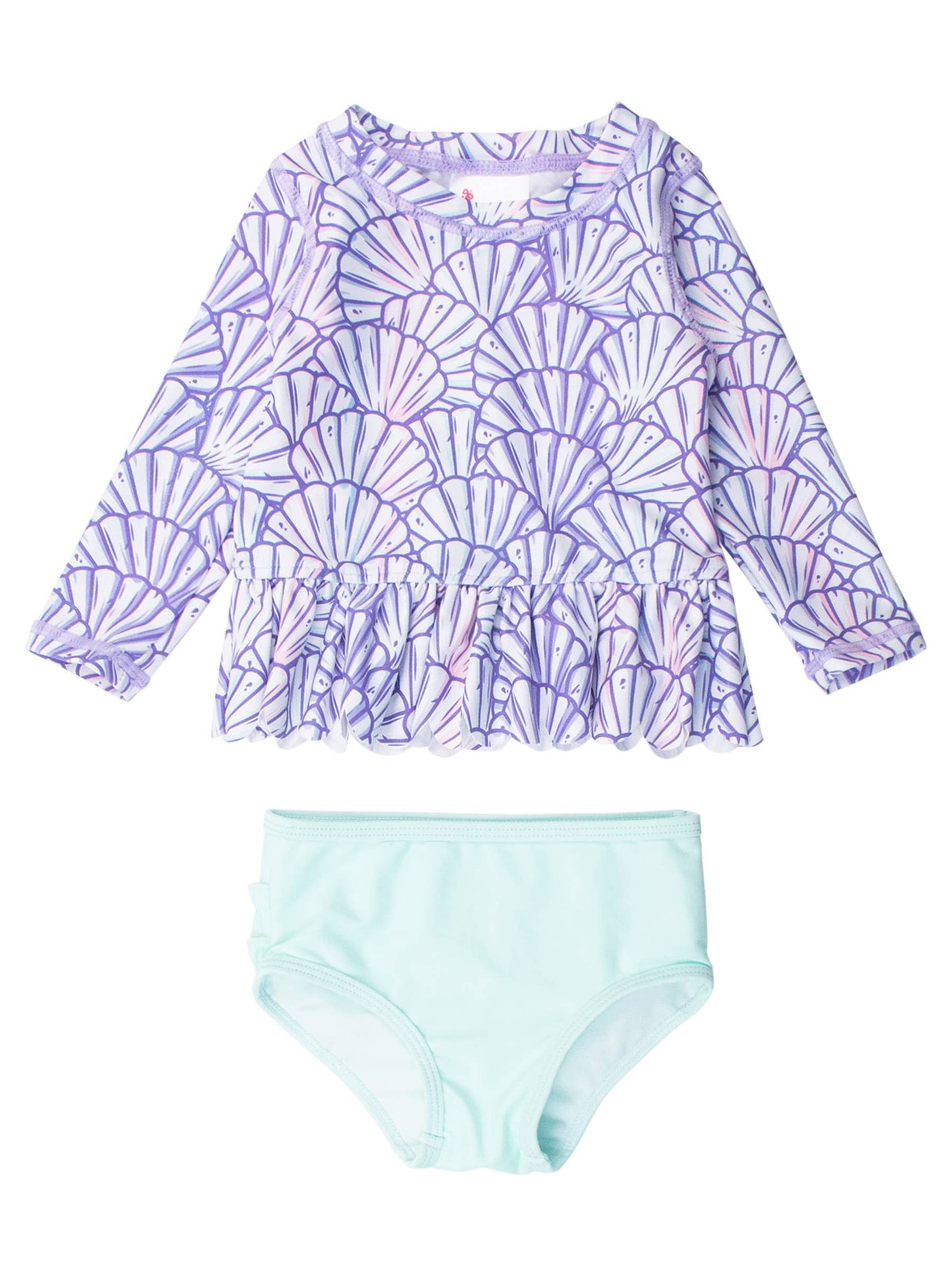RuffleButts + RuggedButts - Girls Magical Mermaid Scallop Hem Long Sleeve Rash Guard 2-Piece Swimsuit with Signature Rear Ruffles