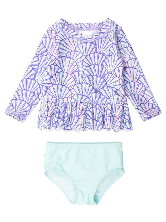RuffleButts + RuggedButts - Girls Magical Mermaid Scallop Hem Long Sleeve Rash Guard 2-Piece Swimsuit with Signature Rear Ruffles