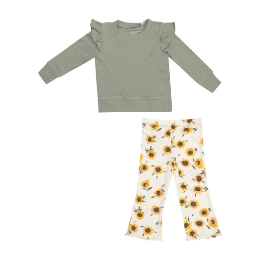 Ruffle Shoulder Waffle Shirt  With Flare Pant - Baby Sunflowers