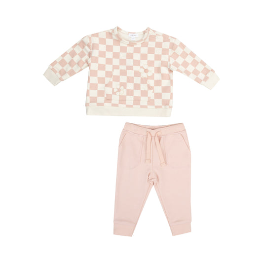 Sweatshirt W/ Shoulder Placket + Kanga Pocket - Checkerboard Pink