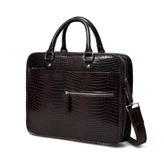 Croco Leather Computer Bag, Dark Brown