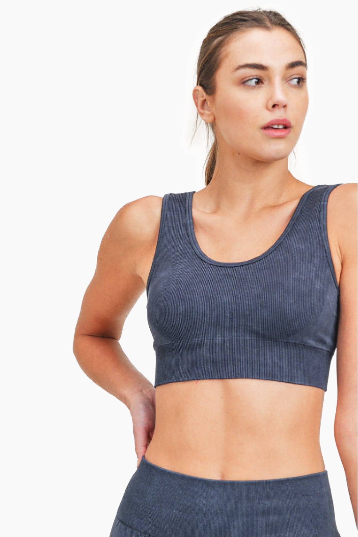 Mono B - Spliced Mineral-Washed Seamless Ribbed Sports Bra