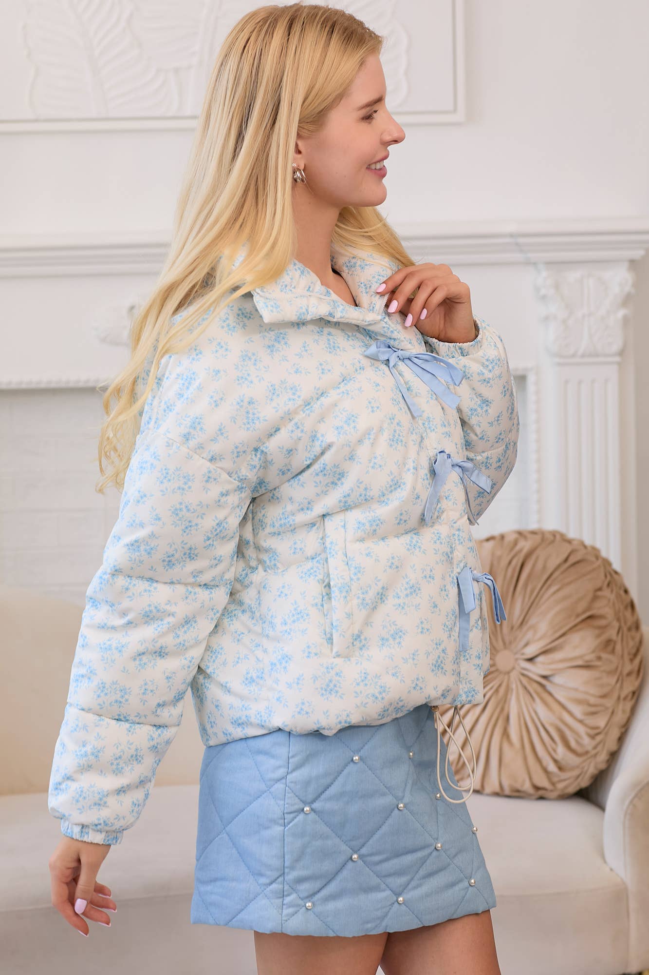 Main Strip - Floral Printed Puffer Ribbon Bow Jacket