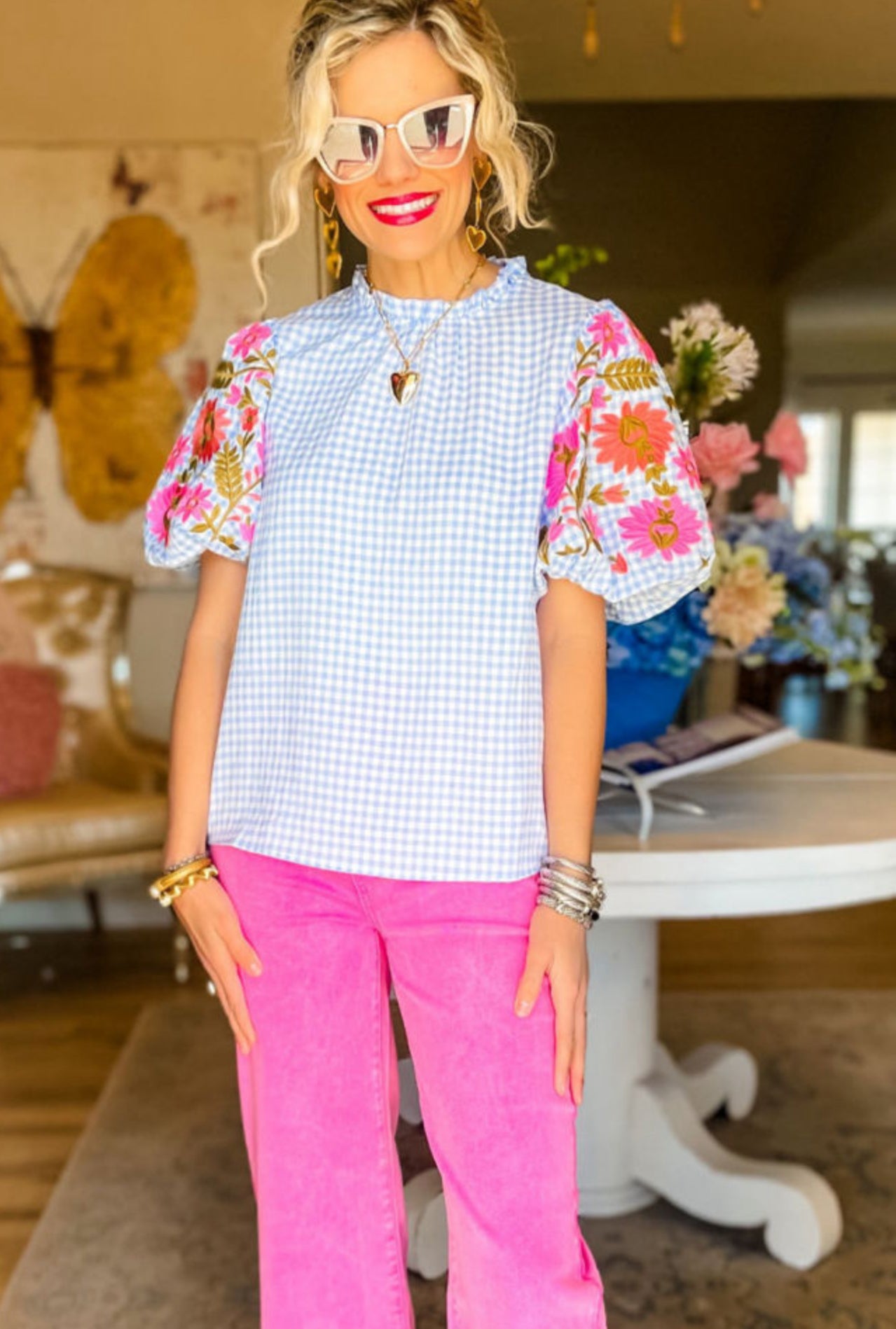 Light Blue Gingham Floral Embroidered Puff Sleeve Blouse