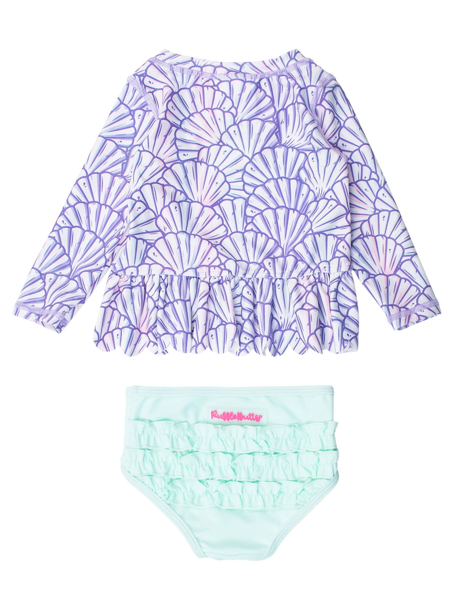 RuffleButts + RuggedButts - Girls Magical Mermaid Scallop Hem Long Sleeve Rash Guard 2-Piece Swimsuit with Signature Rear Ruffles