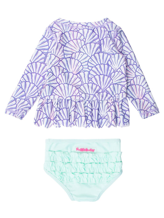 RuffleButts + RuggedButts - Girls Magical Mermaid Scallop Hem Long Sleeve Rash Guard 2-Piece Swimsuit with Signature Rear Ruffles