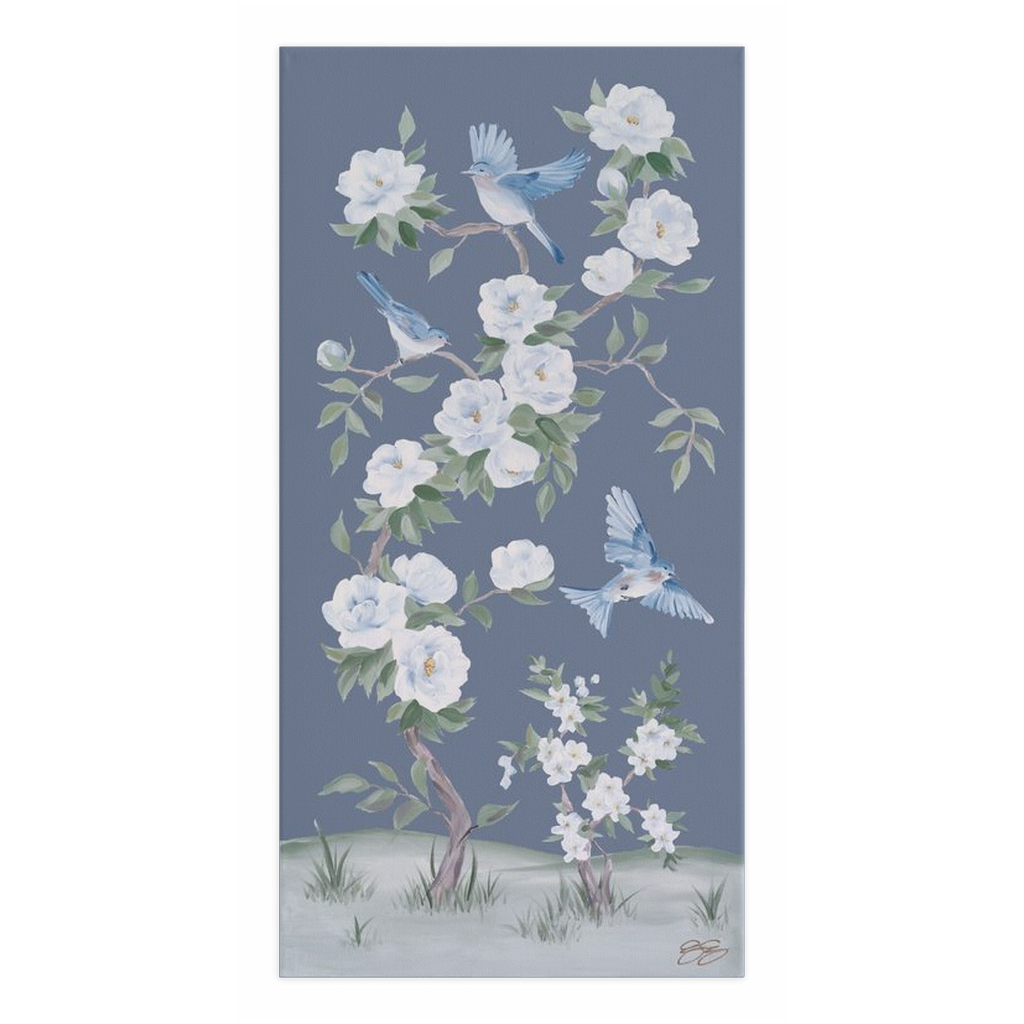 Bluebirds and Peonies, a dark blue chinoiserie canvas wrap