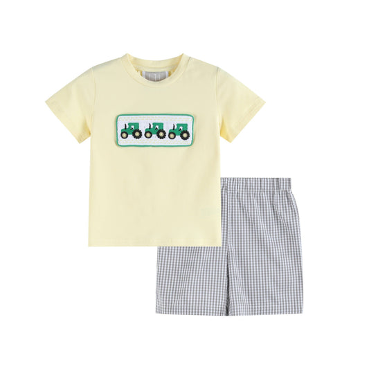 Lil Cactus - Green Tractor Smocked T-Shirt and Gray Gingham Shorts Set