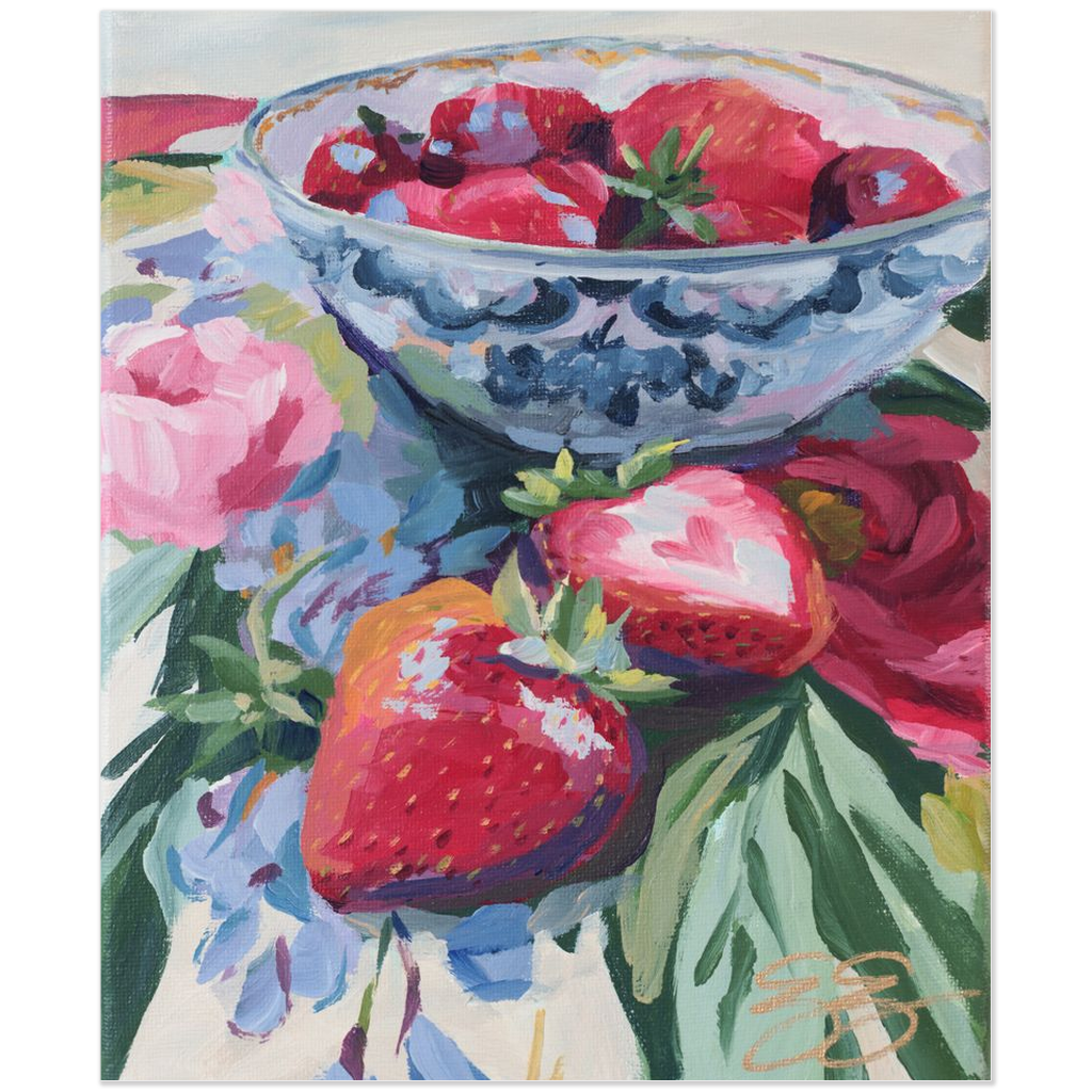 Strawberries on floral fabric, a fine art print on paper