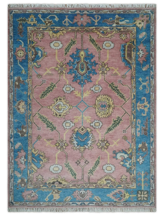 6x8 Pink, Blue and Beige Hand Knotted Heriz Serapi Floral Area Rug | TRDPC40