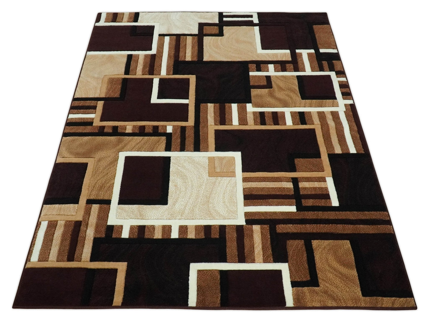 6x8 Power Loomed Brown, Gold, Ivory and Black Geometrical Shapes Frames Area Rug | NMM2