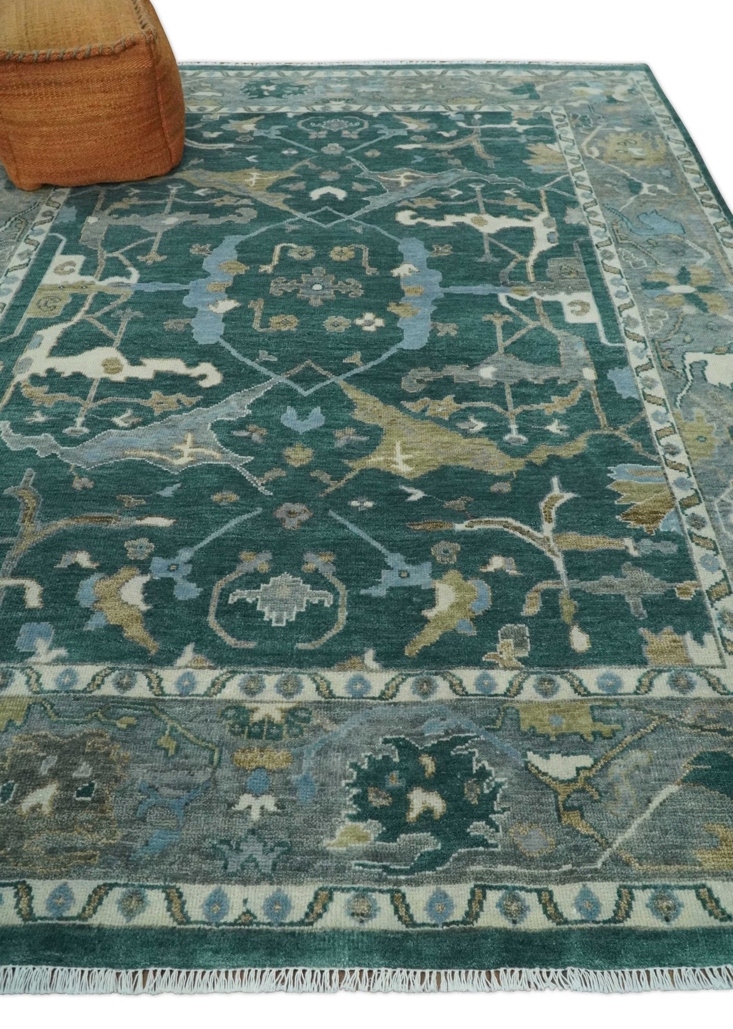 Hand Knotted Oriental Oushak Green and Gray Multi Size Wool Area Rug