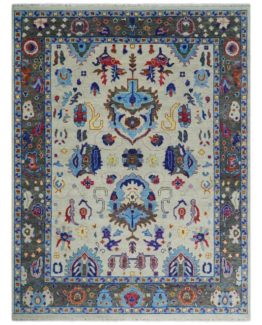 Custom Made Ivory and Gray Vibrant Colorful Hand knotted Traditional Oushak wool Area Rug