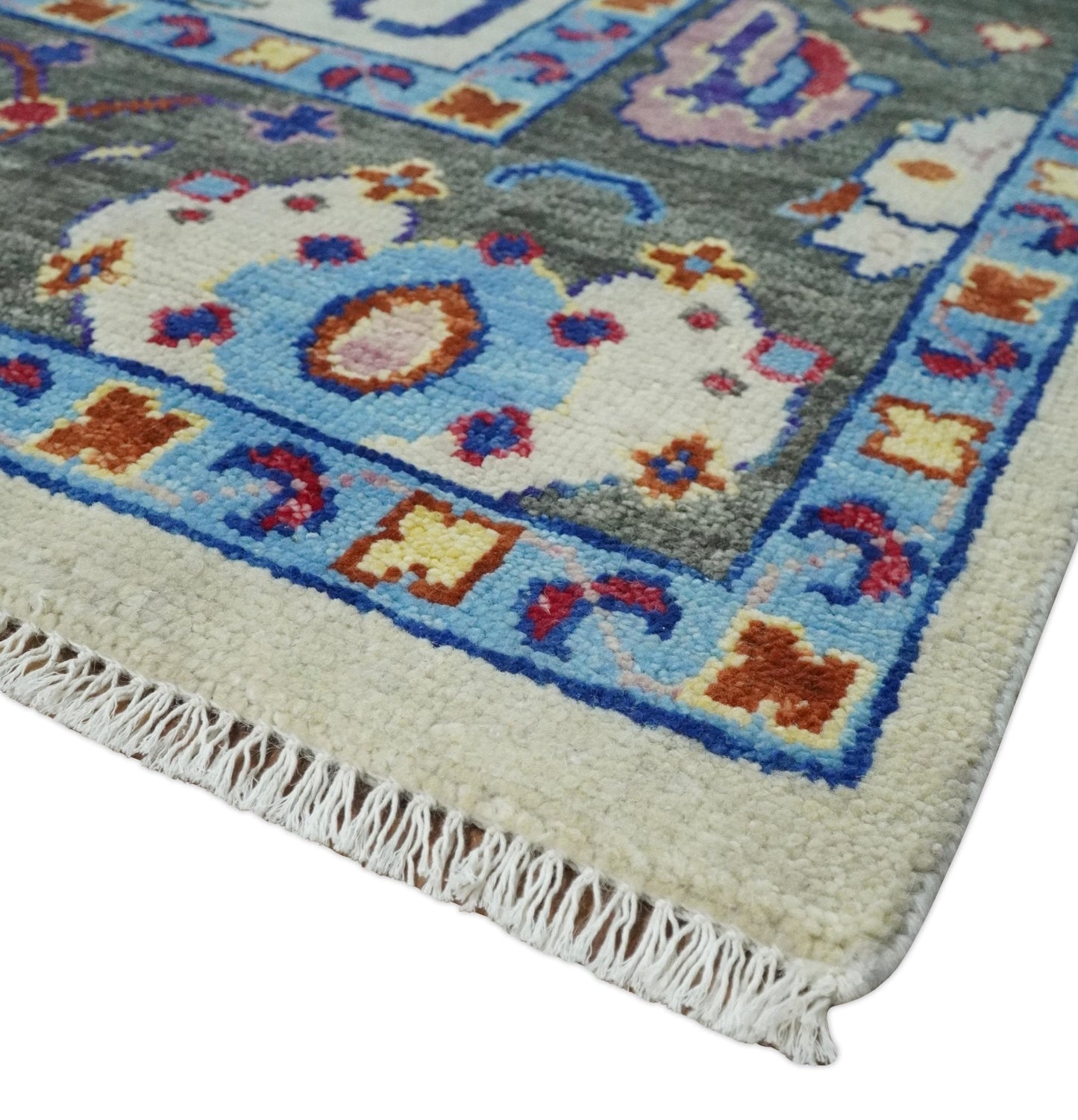 Custom Made Ivory and Gray Vibrant Colorful Hand knotted Traditional Oushak wool Area Rug