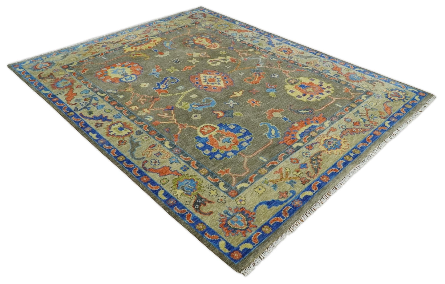 Olive and Blue Vibrant Colorful Traditional Oushak Multi Size wool Area Rug