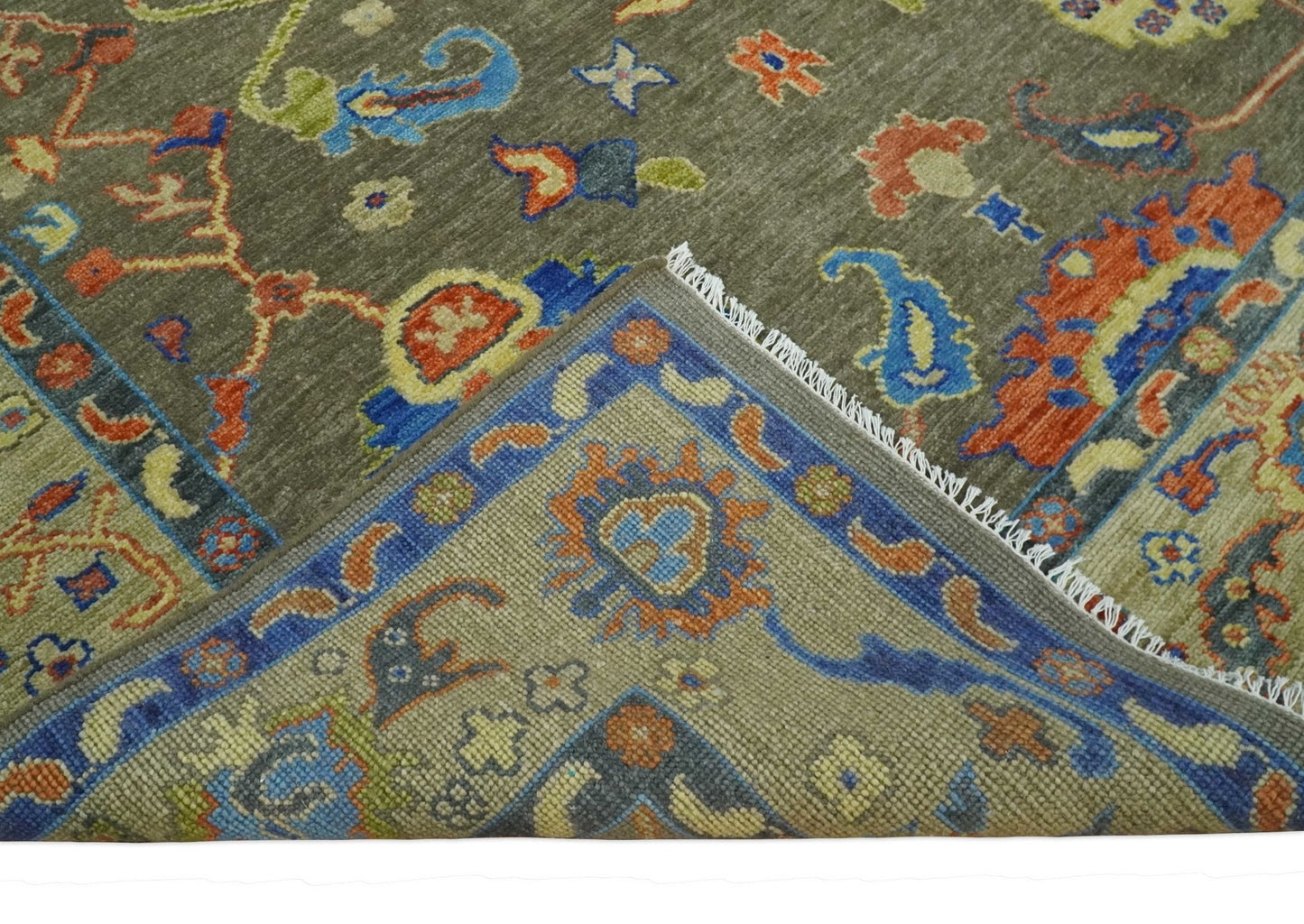 Olive and Blue Vibrant Colorful Traditional Oushak Multi Size wool Area Rug