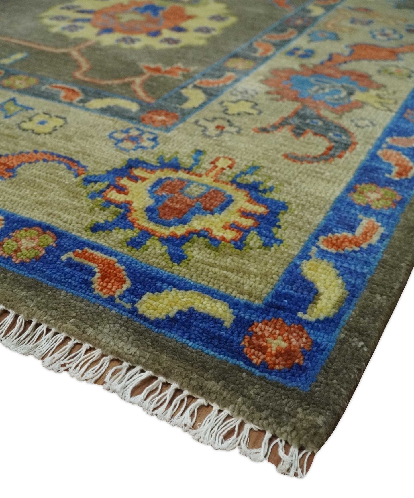 Olive and Blue Vibrant Colorful Traditional Oushak Multi Size wool Area Rug