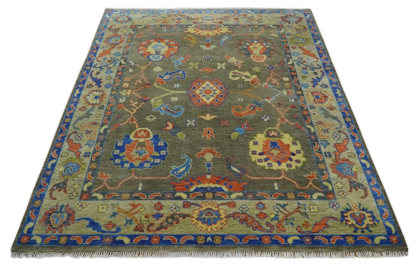 Olive and Blue Vibrant Colorful Traditional Oushak Multi Size wool Area Rug