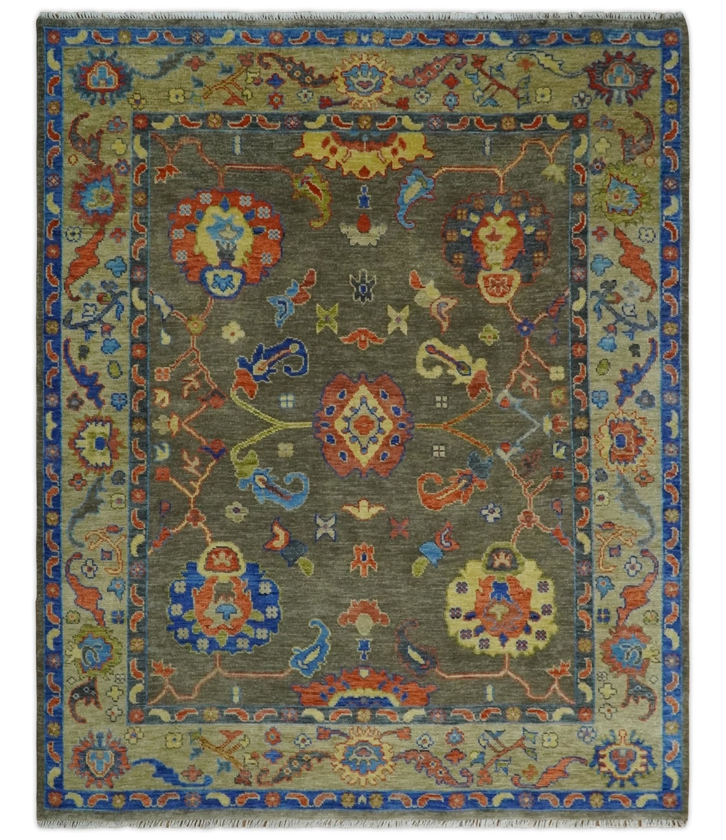 Olive and Blue Vibrant Colorful Traditional Oushak Multi Size wool Area Rug