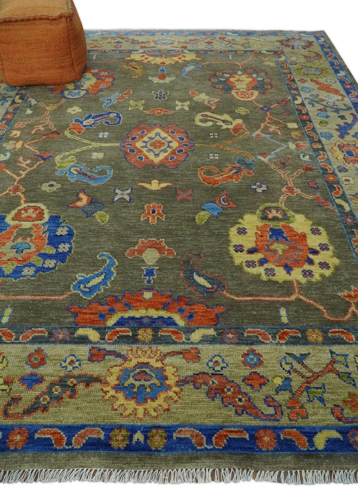 Olive and Blue Vibrant Colorful Traditional Oushak Multi Size wool Area Rug