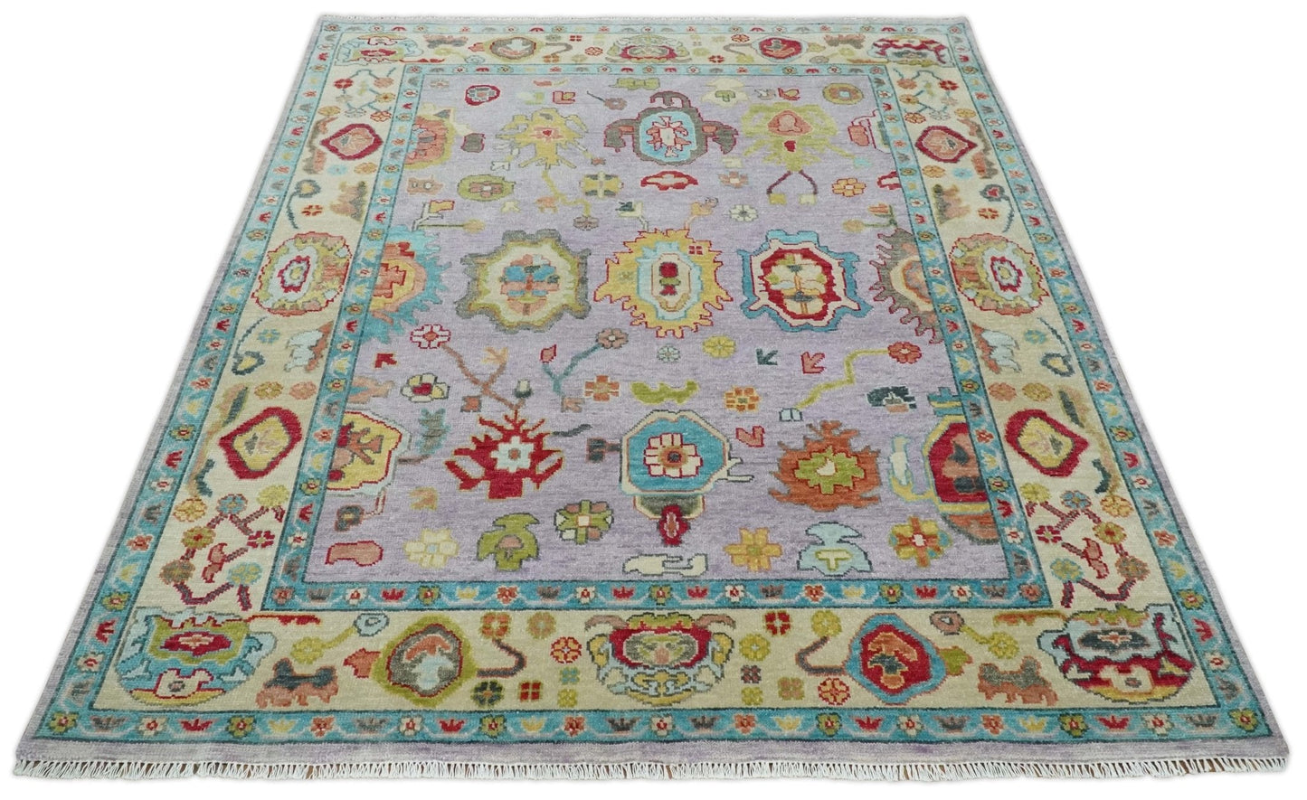 Purple and Beige Vibrant Colorful Hand knotted Traditional Oushak Multi Size Area Rug