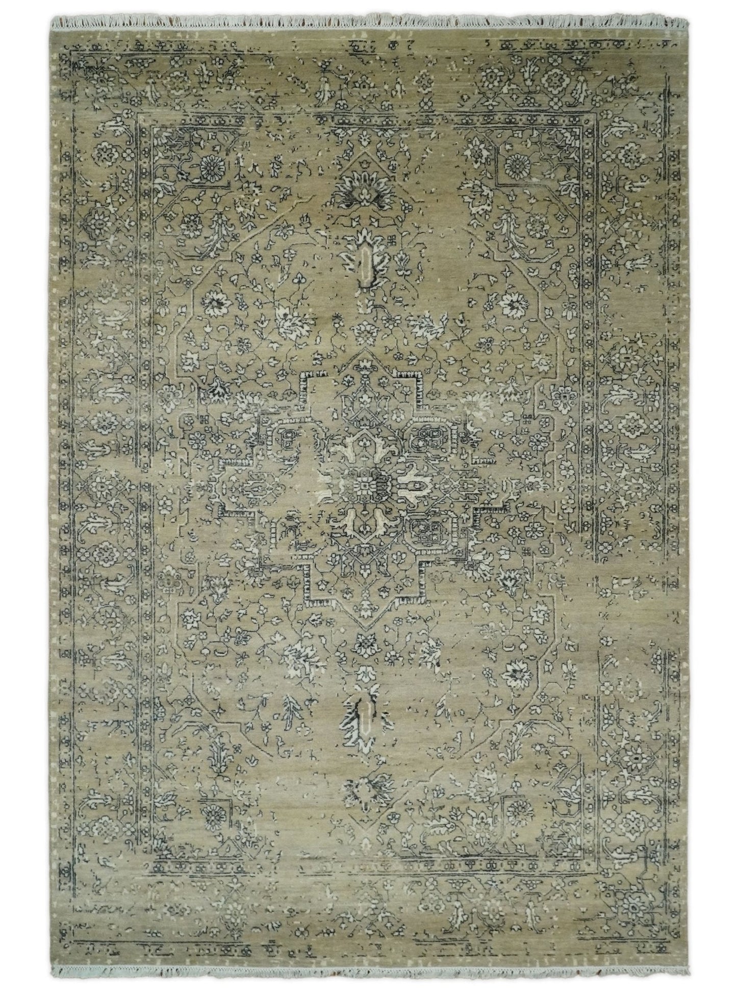 6x9 Fine Hand Knotted Beige and Black Traditional Vintage Persian Style Antique Wool Rug | AGR4