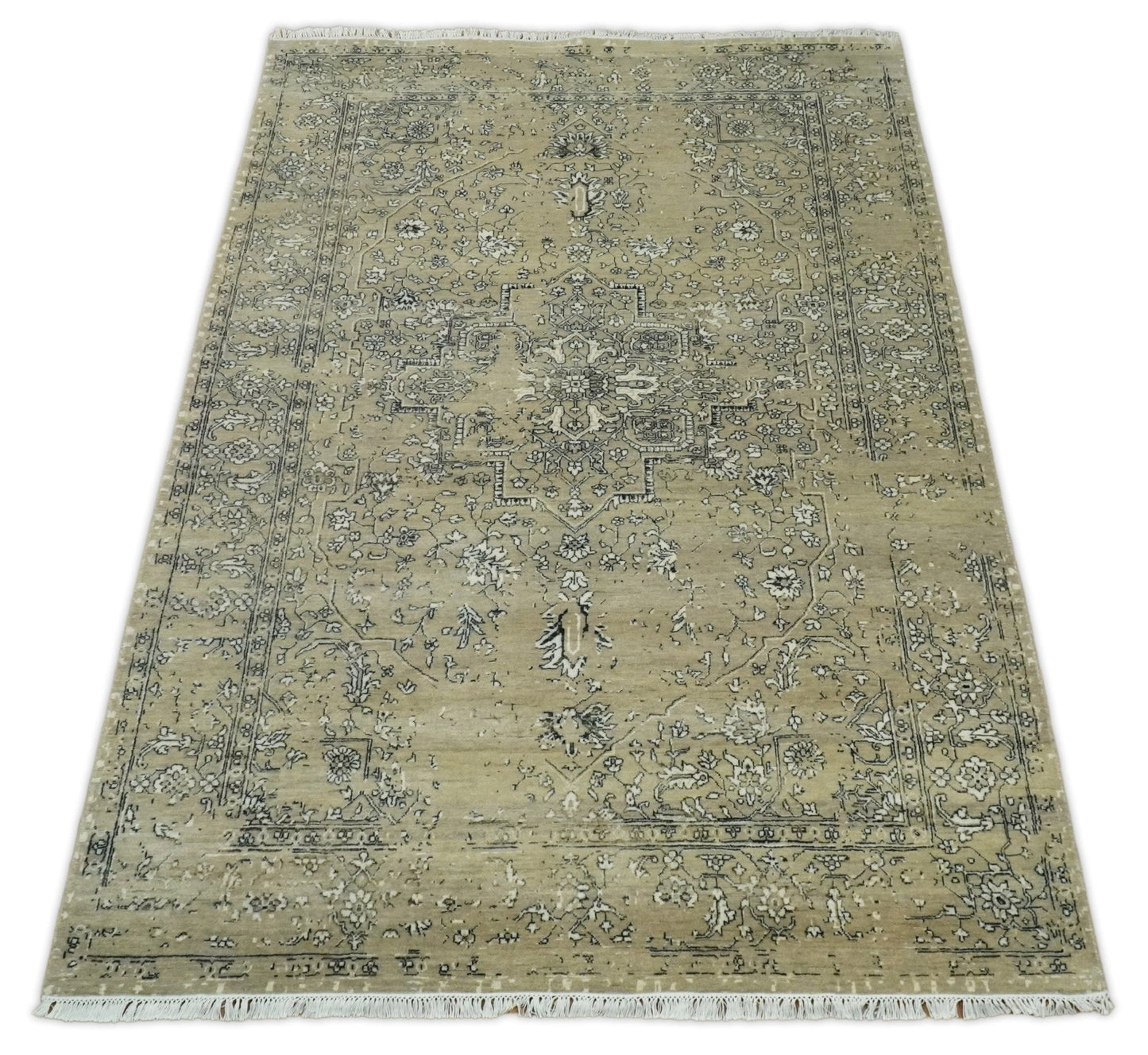 6x9 Fine Hand Knotted Beige and Black Traditional Vintage Persian Style Antique Wool Rug | AGR4