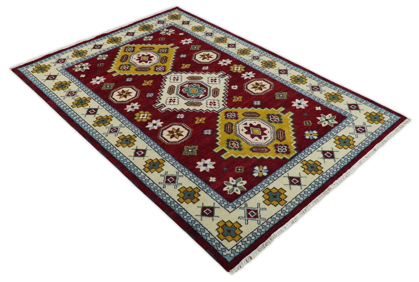 6x9 Hand Knotted Antique Kazak Red and Beige Traditional Tribal Armenian Rug | KZA16