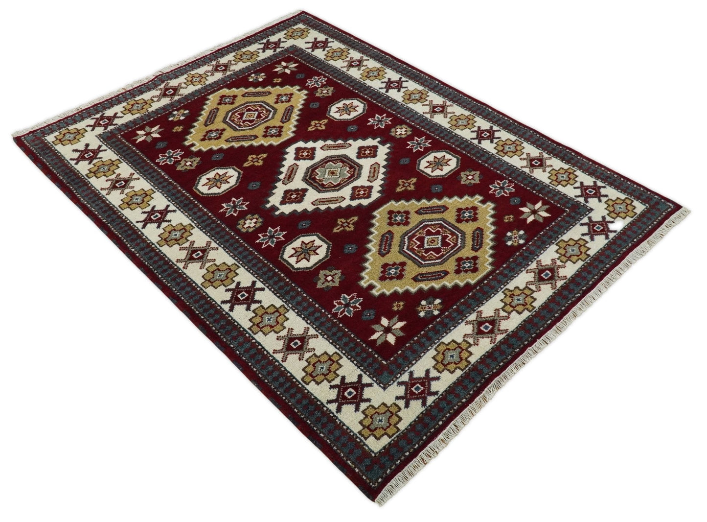 6x9 Hand Knotted Antique Kazak Red and Ivory Traditional Tribal Armenian Rug | KZA14