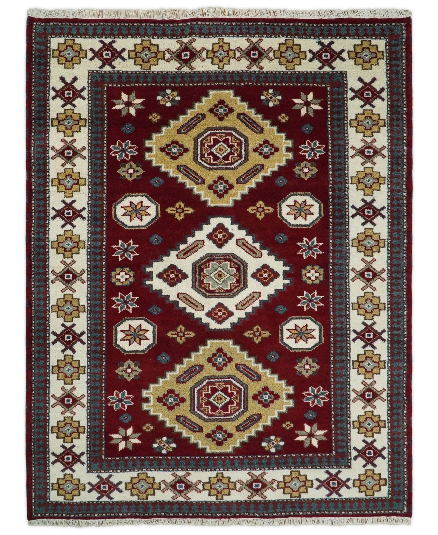 6x9 Hand Knotted Antique Kazak Red and Ivory Traditional Tribal Armenian Rug | KZA14