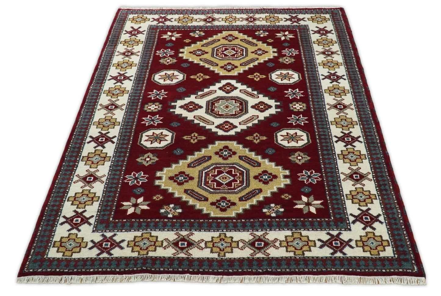 6x9 Hand Knotted Antique Kazak Red and Ivory Traditional Tribal Armenian Rug | KZA14