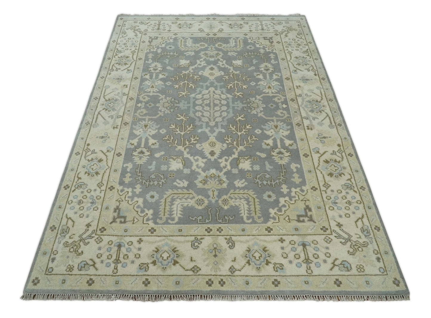 6x9 Hand Knotted Antique Silver, Beige and Brown Traditional Persian Vintage Oushak Wool Rug | TRDCP808