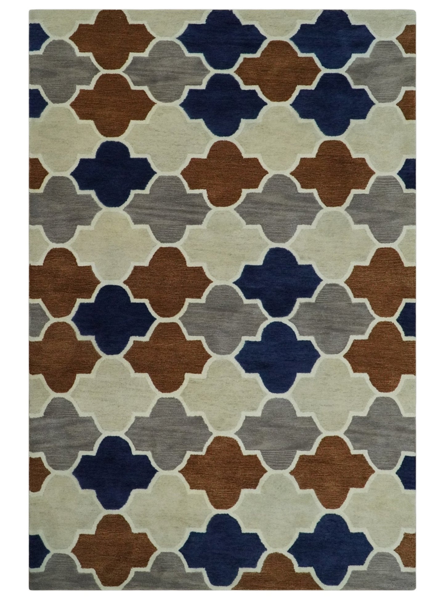 6x9 Ivory, Blue, Brown and Silver Ikat Pattern Hand Tufted Wool Area Rug