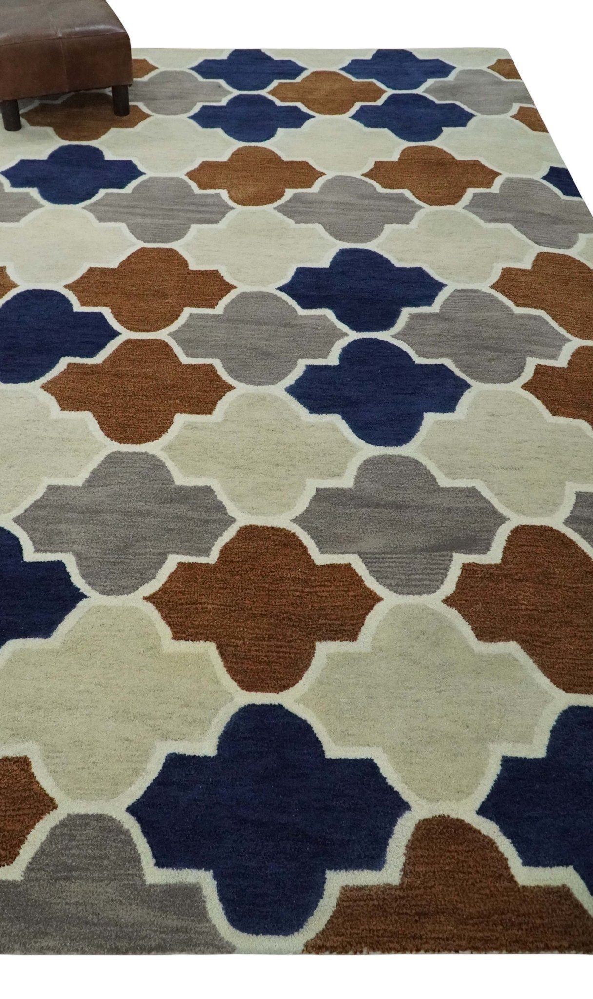 6x9 Ivory, Blue, Brown and Silver Ikat Pattern Hand Tufted Wool Area Rug