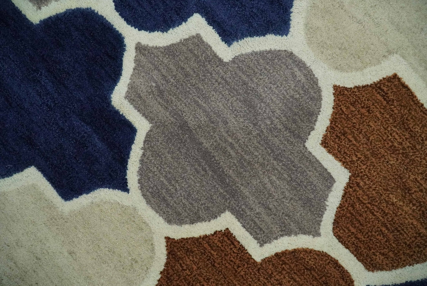 6x9 Ivory, Blue, Brown and Silver Ikat Pattern Hand Tufted Wool Area Rug