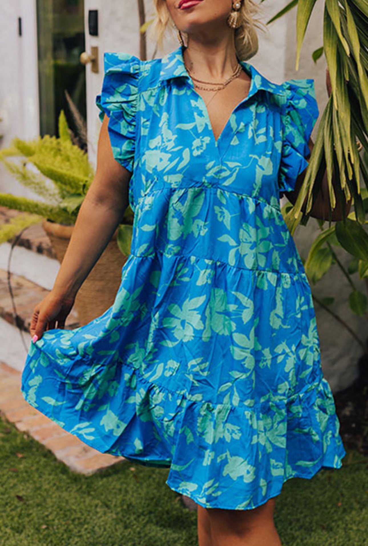 Blue Plus Floral Print Flutter Sleeve Mini Dress