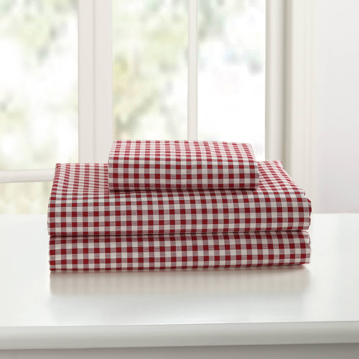 Peking Handicraft - GINGHAM PRT SHEET SET QN RED - Laurel & Mayfair
